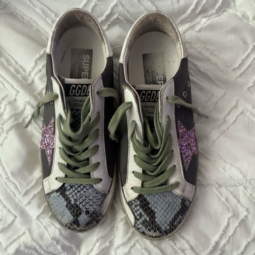 Golden Goose Purple Glitter and Green Sneakers